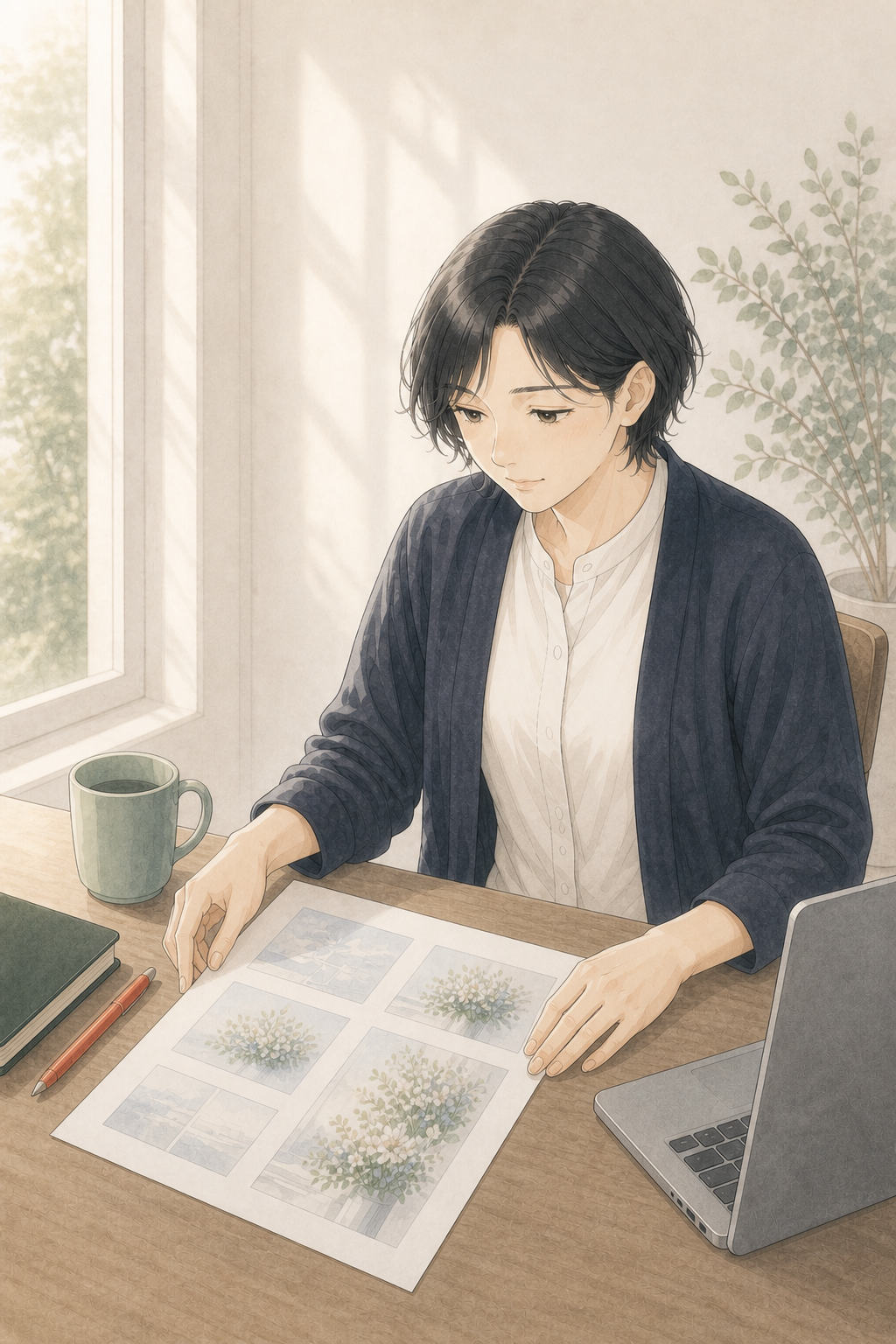 朝の机で、完成したA4企画チラシを手に最初のお誘いを準備する事業主のイメージ