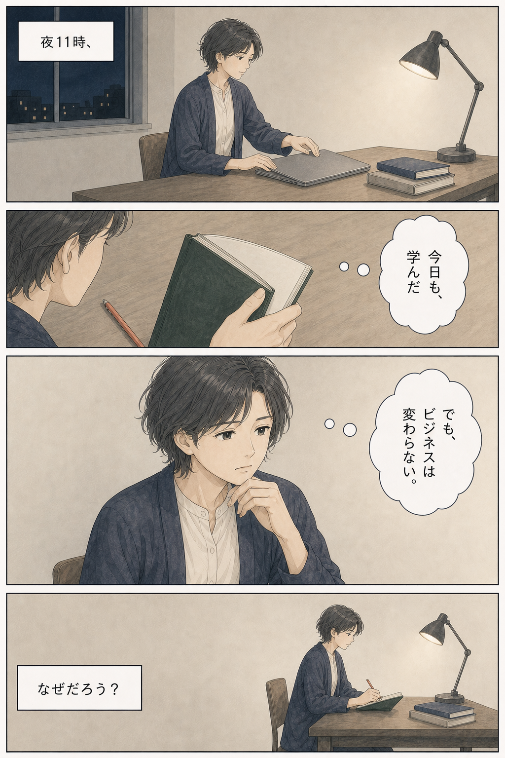 夜、学んでいるのにビジネスが変わらない理由を考える主人公の漫画
