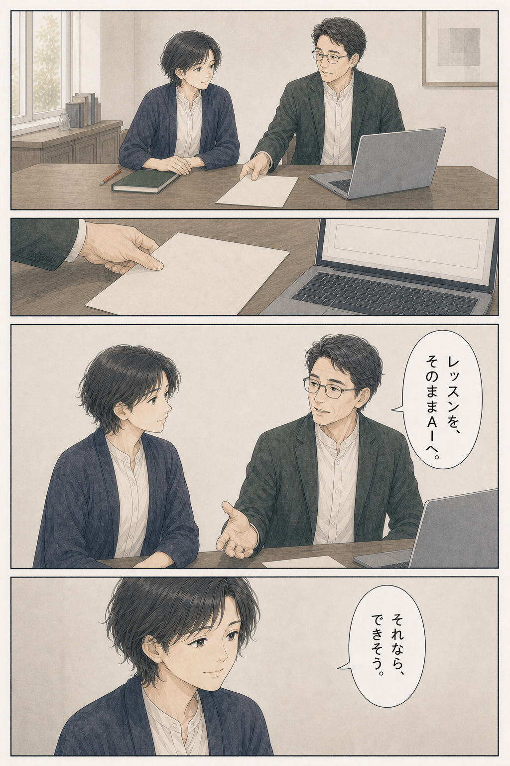 レッスン全文をAIへ渡す方法を知り、これならできそうだと感じる主人公の漫画