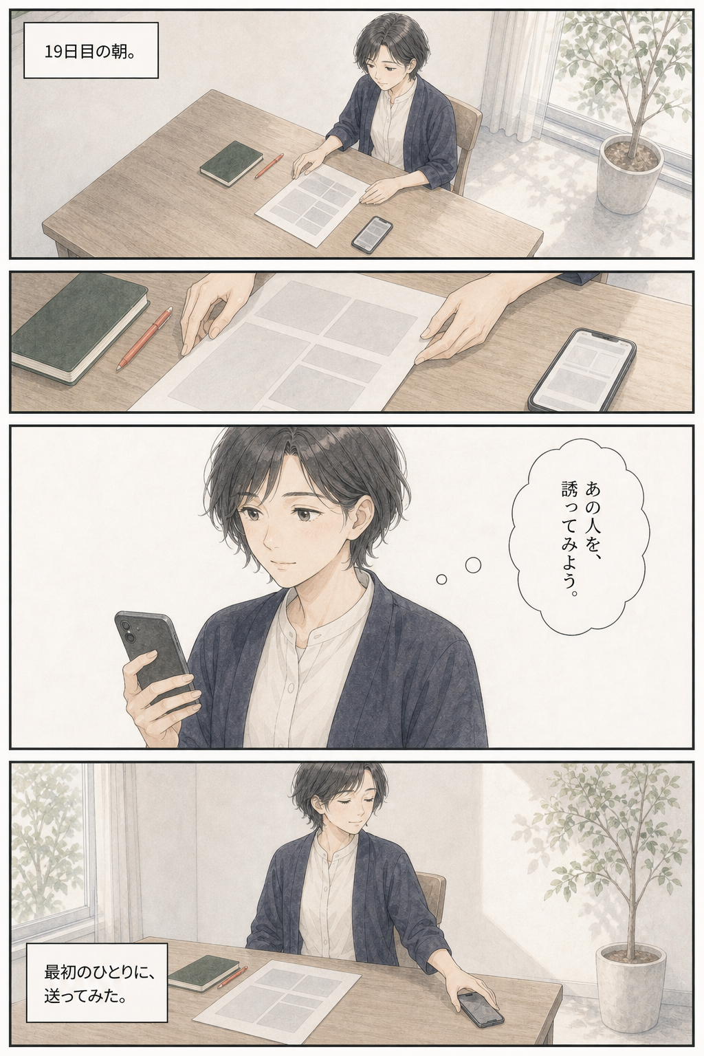 19日目の朝、最初のひとりへ企画を送る主人公の漫画