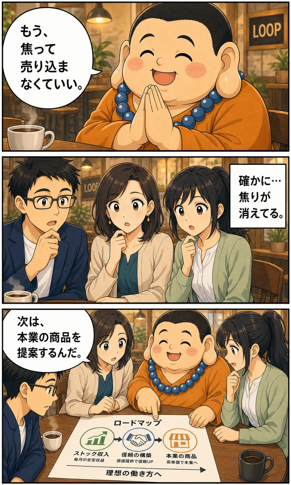 仲間と次の一歩を考える漫画ページ