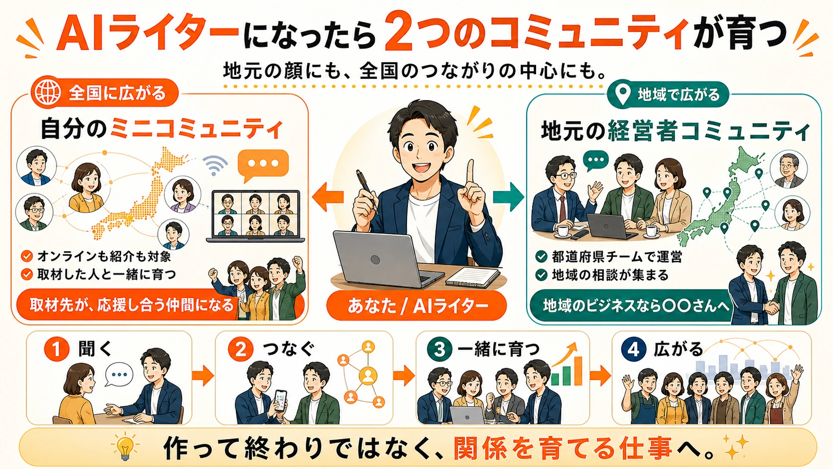 AIライターになったら、自分の全国ミニコミュニティと地元の経営者コミュニティの2つが育つ図解