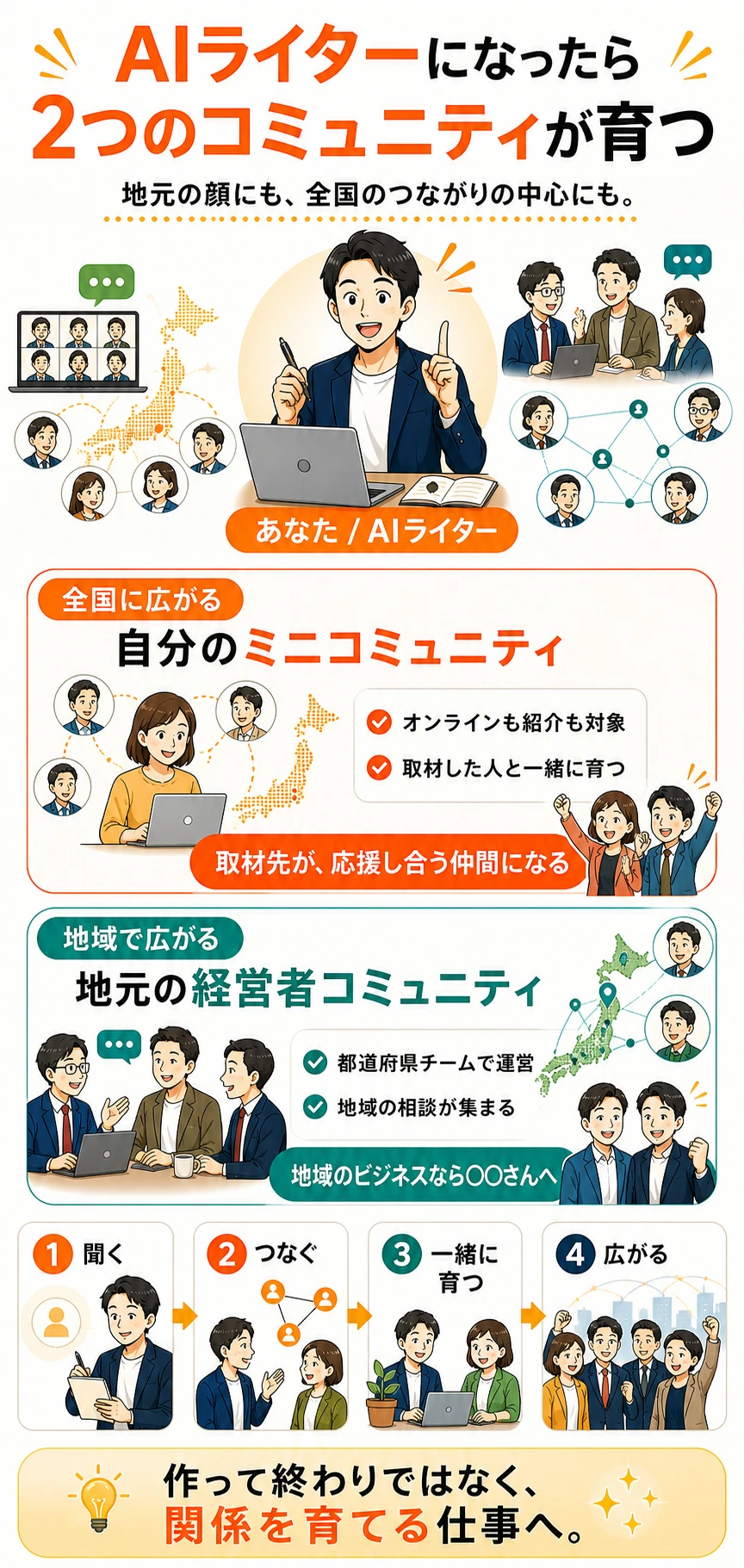 AIライターになったら、自分の全国ミニコミュニティと地元の経営者コミュニティの2つが育つ図解