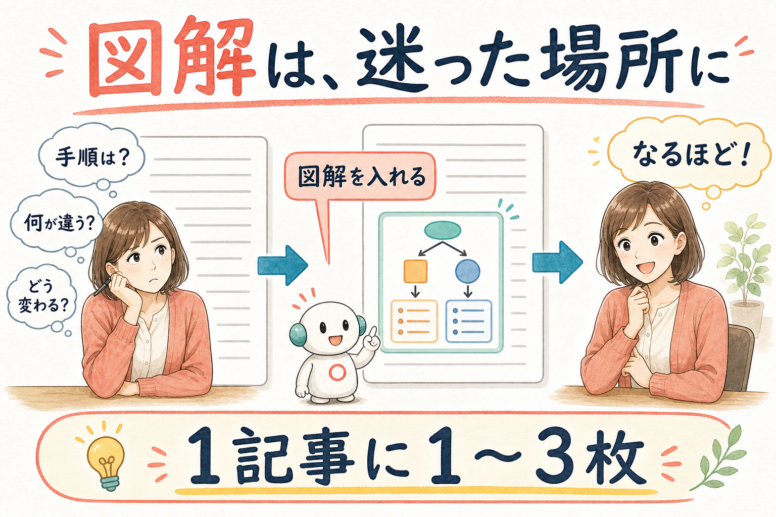 読者が手順・比較・変化で迷った場所へ図解を入れ、理解を助ける漫画図解