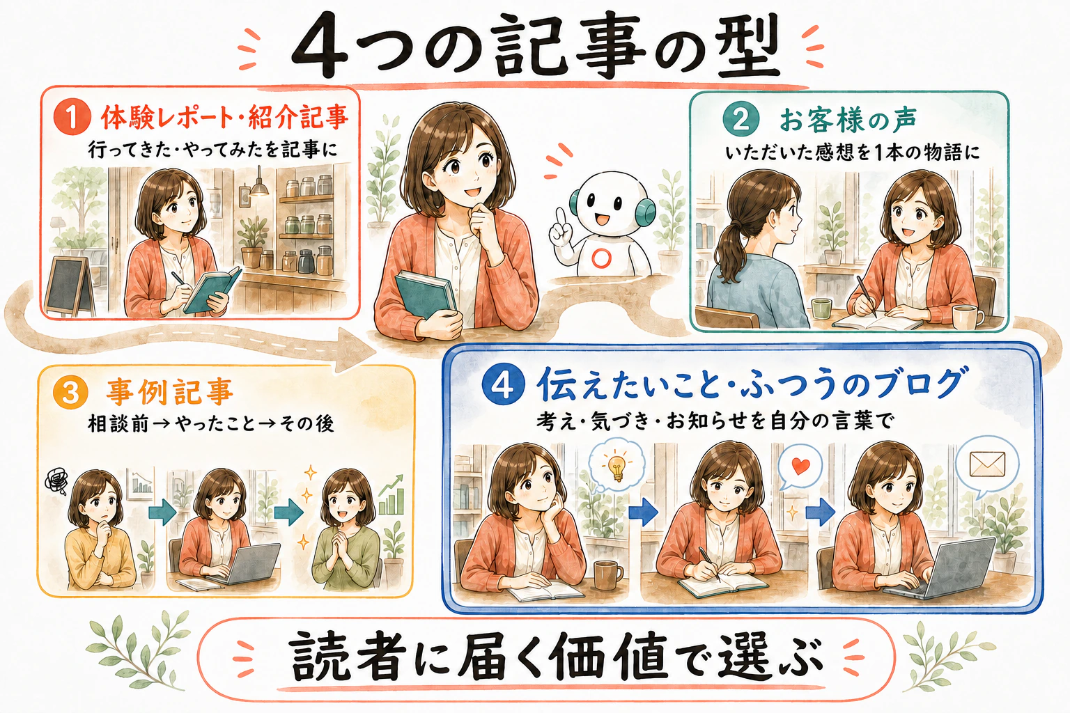 体験レポート・お客様の声・事例記事・伝えたいことという4つの記事の型を、読者に届く価値で選ぶ漫画図解