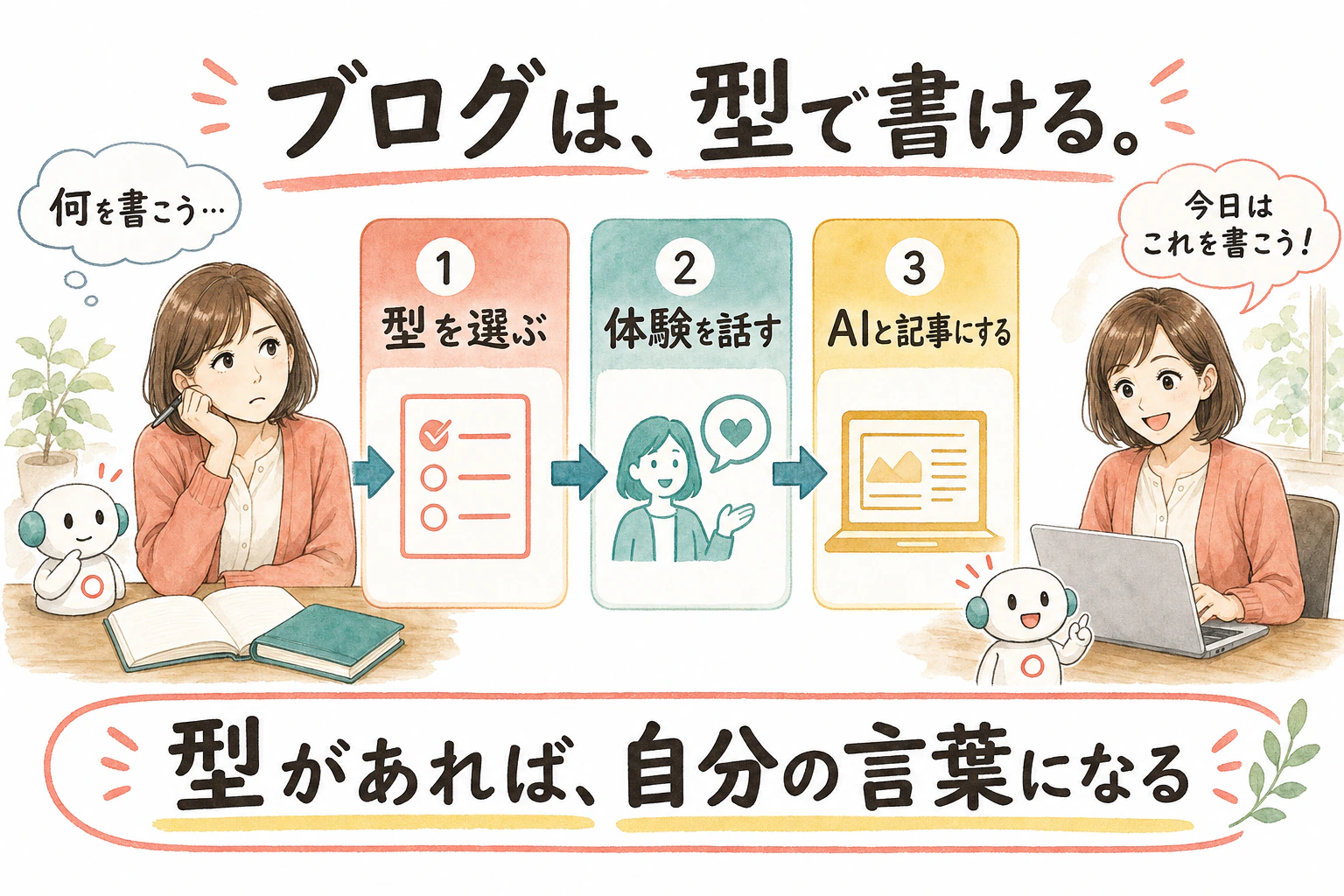 「何を書けばいいの」と悩んでいた店主が、3つのステップを知り「今日はこれを書こう」と笑顔になる漫画図解