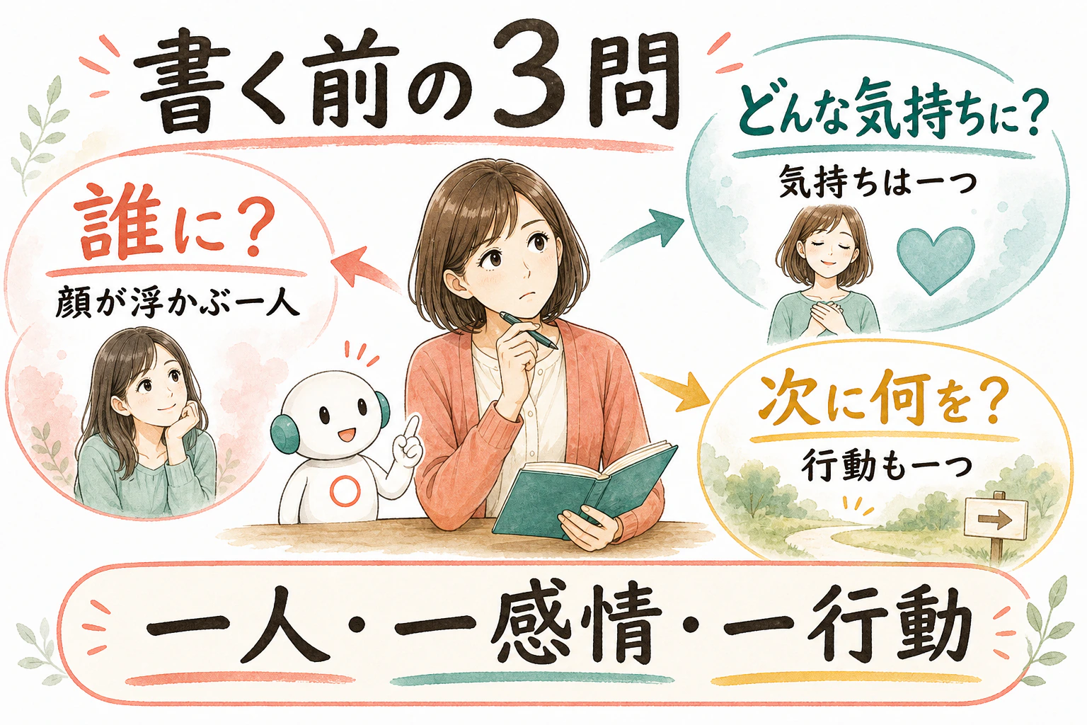 書く前に、誰に、どんな気持ちに、次に何を、の3つを決める漫画図解