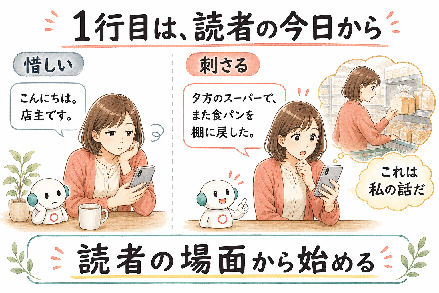 挨拶から始める惜しい1行目と、読者の今日から始める刺さる1行目の漫画比較