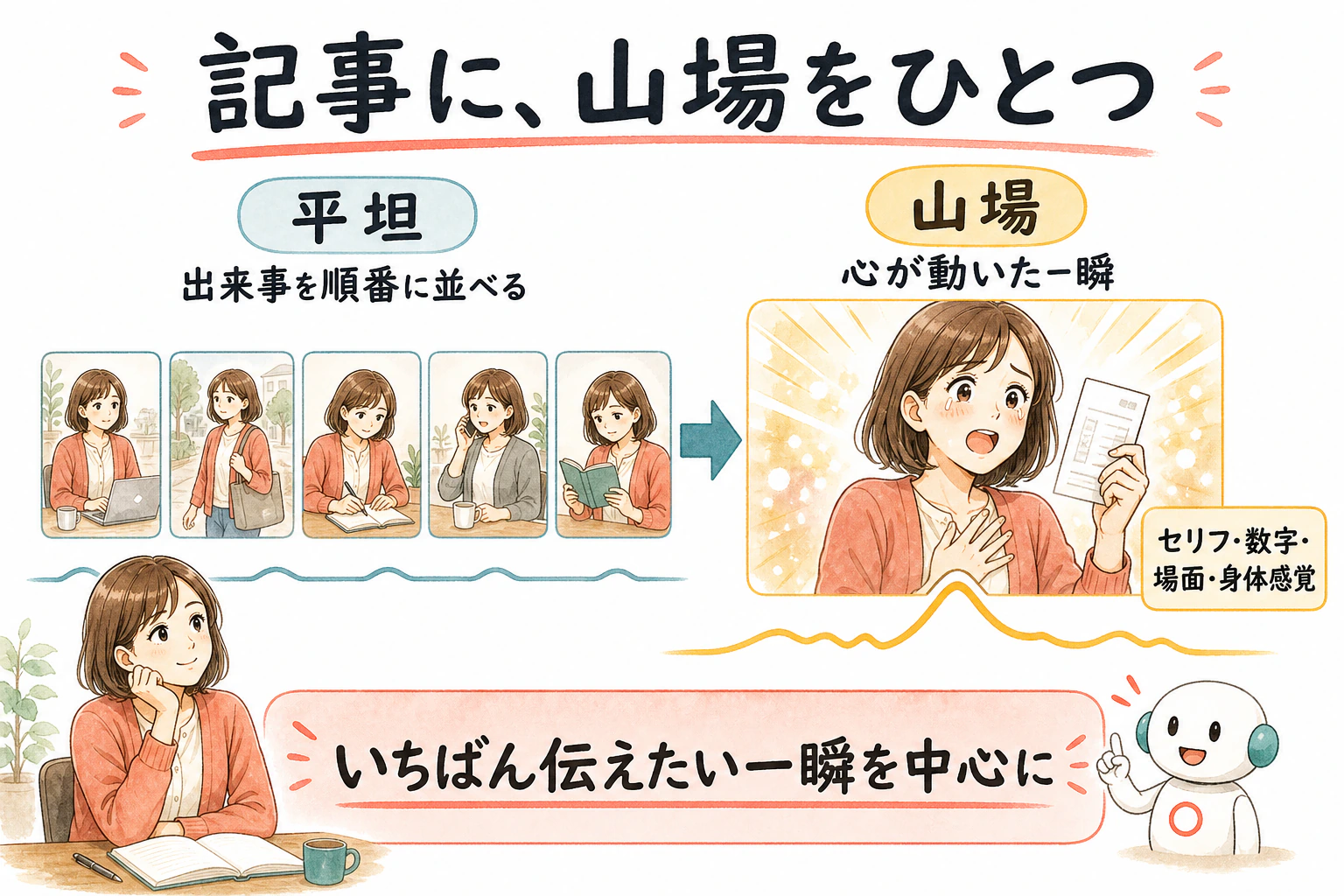 出来事を順番に並べた平坦な記事と、心が動いた一瞬を中心にした記事の漫画比較