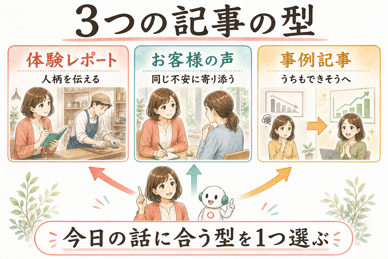 体験レポート・お客様の声・事例記事という3つの記事の型を、読者に届く価値で選ぶ漫画図解