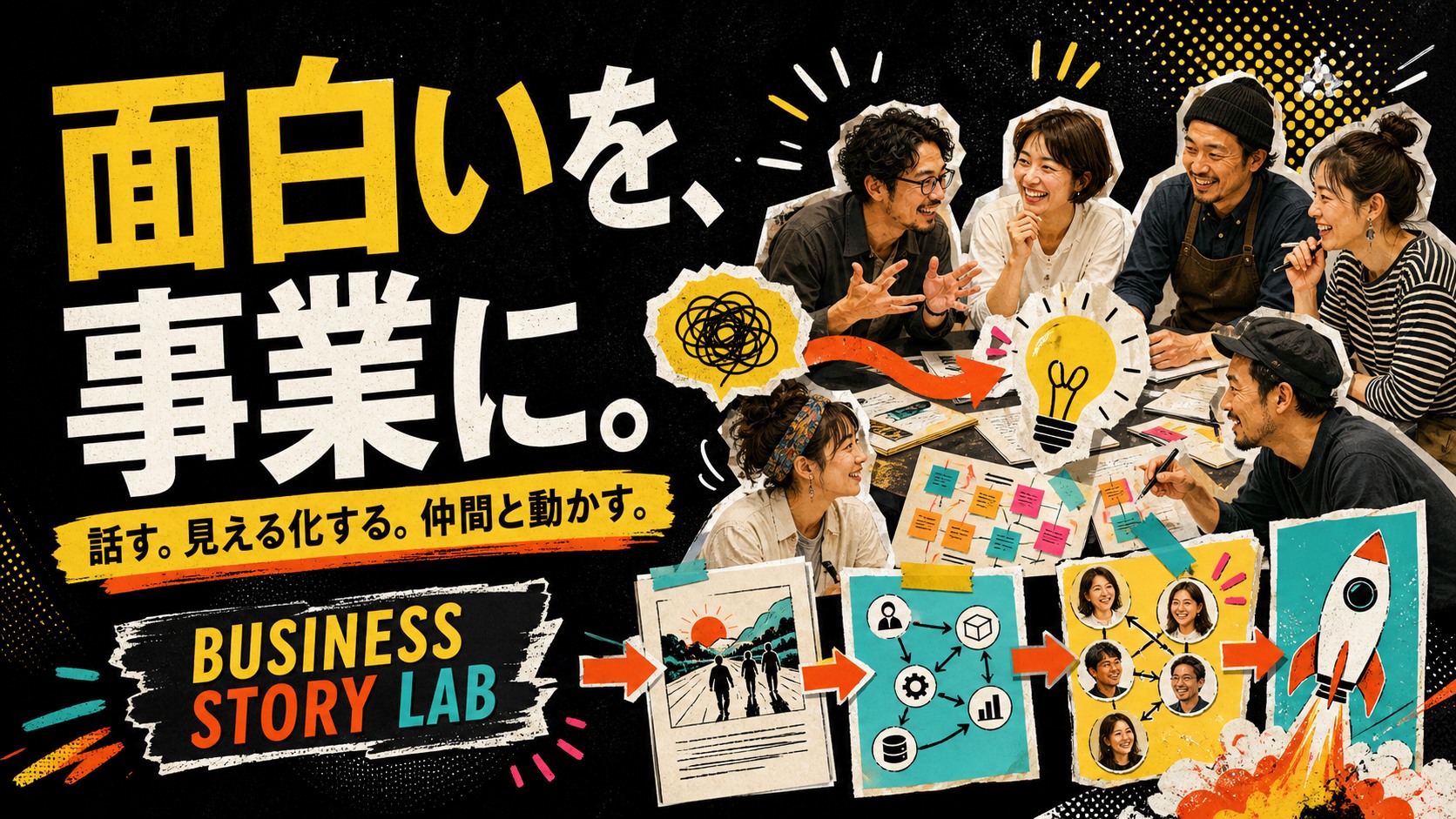 面白いを、事業に。経営者やクリエイターの会話から、アイデア、ストーリー、仕組み、人のつながり、実践プロジェクトが生まれるイケラボのイメージ