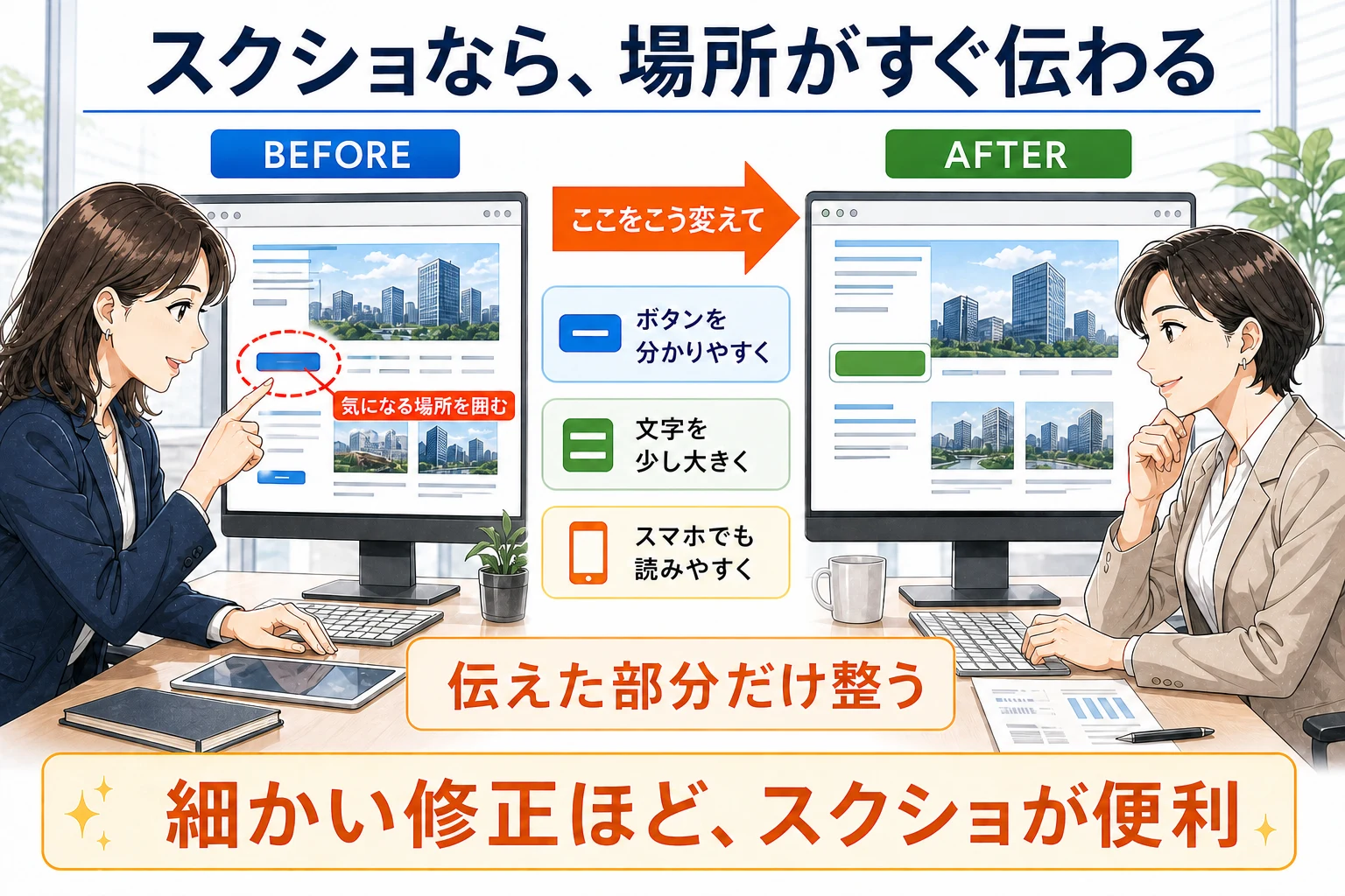 スクリーンショットで気になる場所を囲み、ボタンや文字やスマートフォン表示を整える修正前後