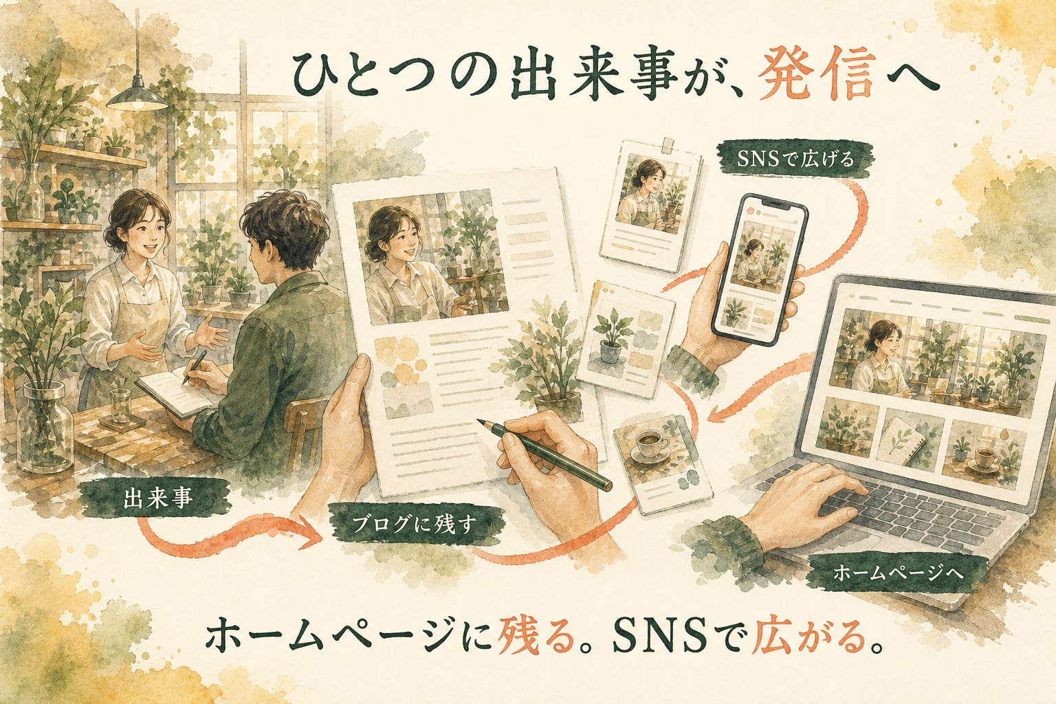同じ発信の流れを、あたたかい水彩と紙もののタッチで表した図解見本