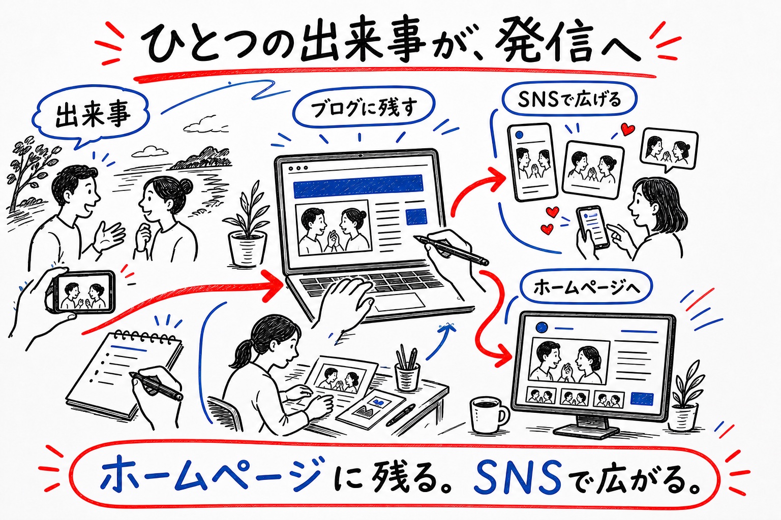同じ発信の流れを、ホワイトボードと手描きマーカーのタッチで表した図解見本