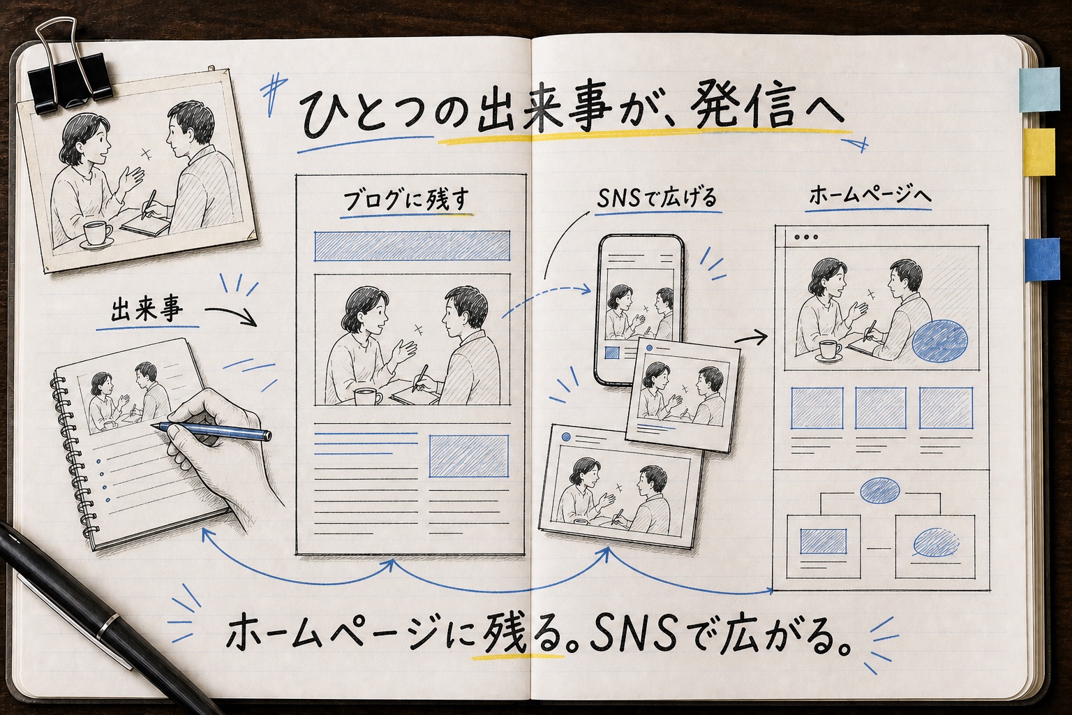同じ発信の流れを、罫線ノートとマーカーのタッチで表した図解見本
