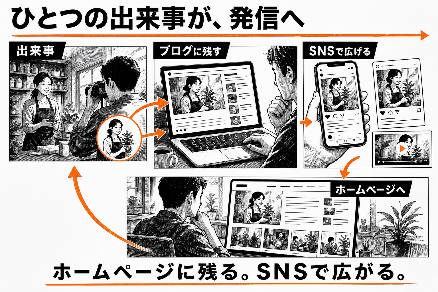同じ発信の流れを、白黒とオレンジの差し色で表した図解見本