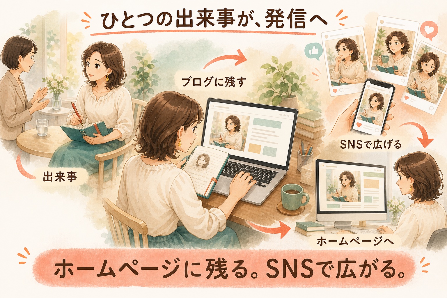 同じ発信の流れを、親しみあるオリジナルキャラクターで表した図解見本