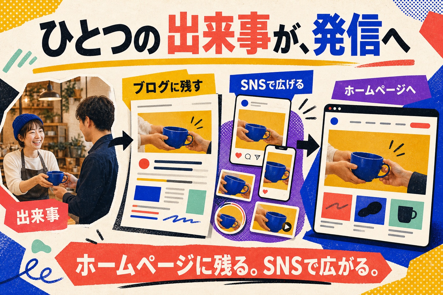 同じ発信の流れを、カラフルでポップなタッチで表した図解見本