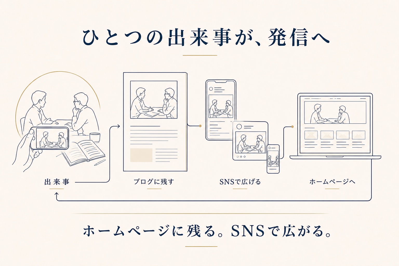 同じ発信の流れを、上質でミニマルな余白のタッチで表した図解見本