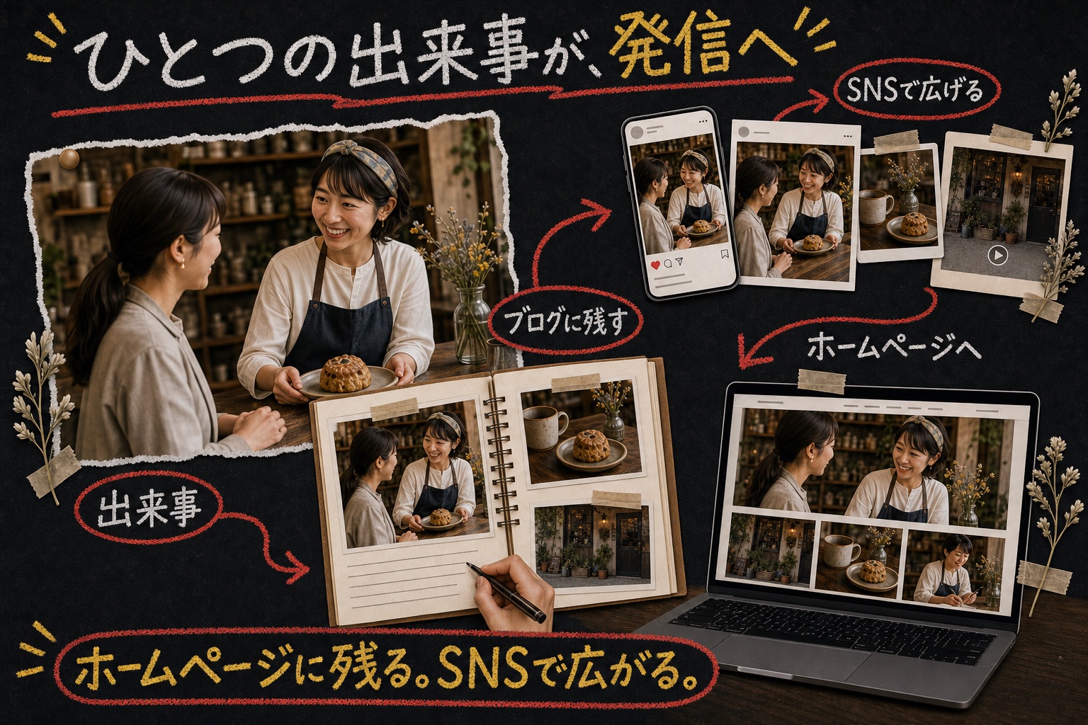 同じ発信の流れを、実写写真とチョークコラージュで表した架空の図解見本
