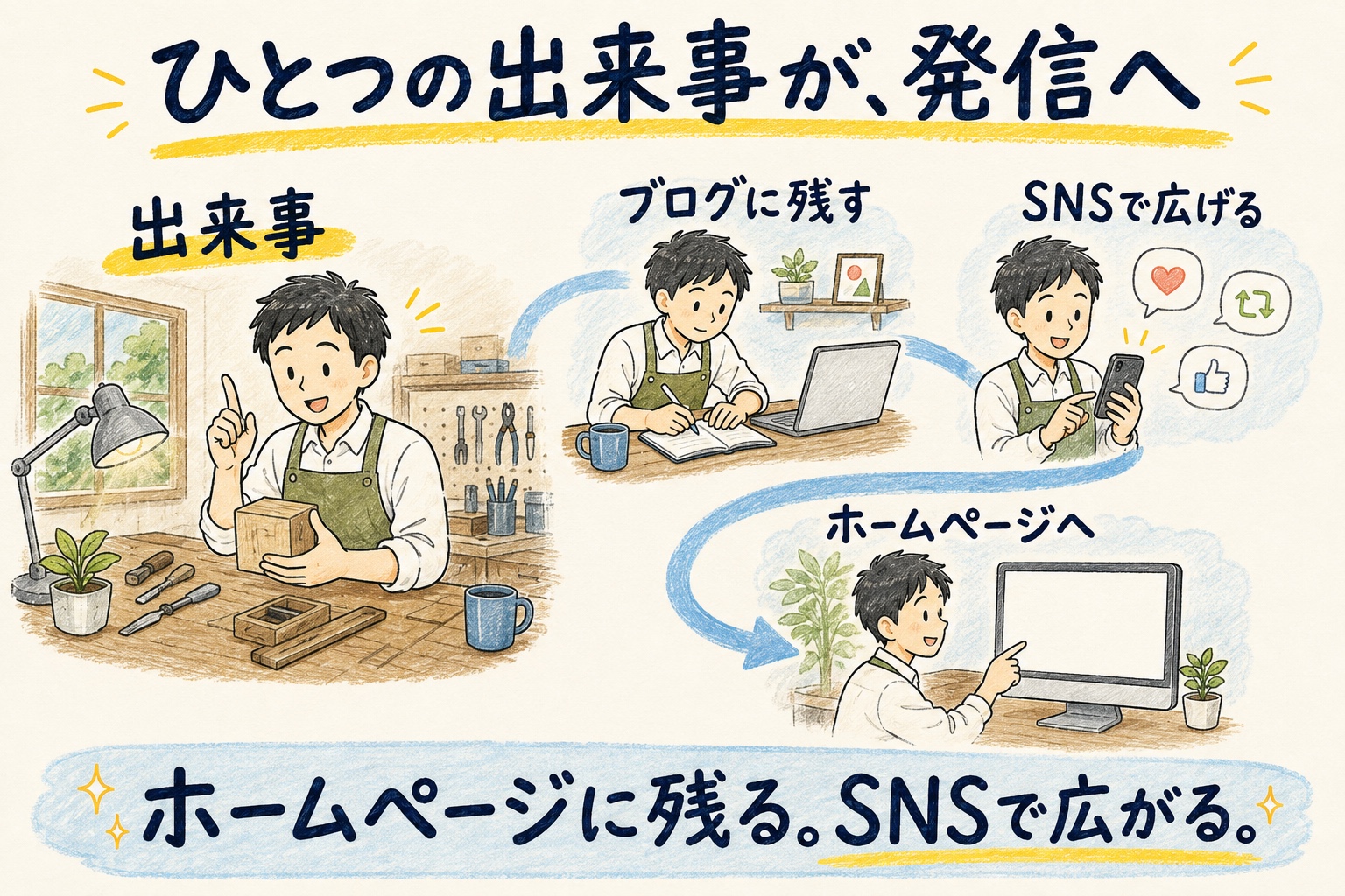 同じ発信の流れを、濃紺の手描き人物、黄色マーカー、淡い水色の経路でつないだビジネス図解見本