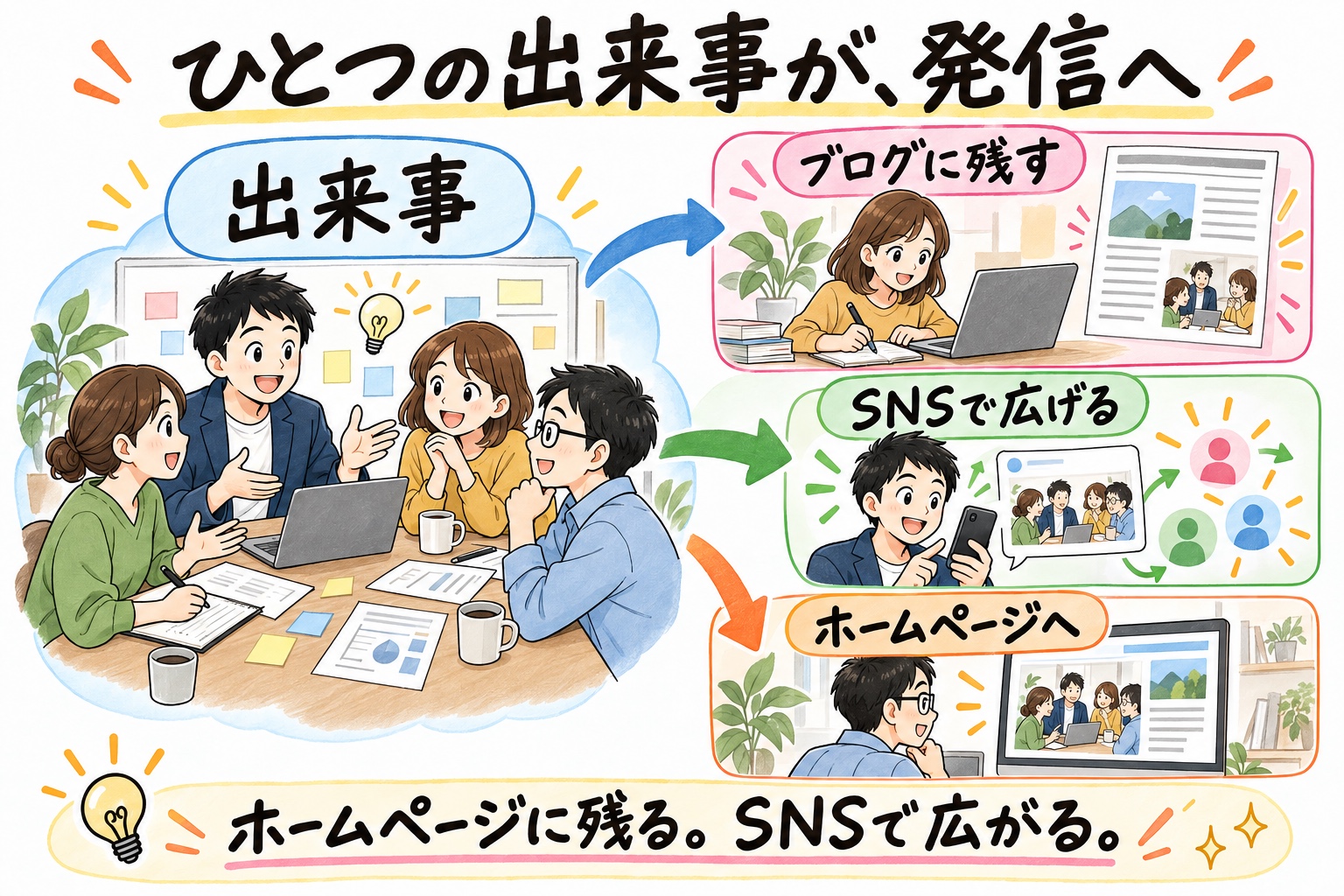 同じ発信の流れを、太い手描き文字と青・桃・緑・橙の章色、仕事中の人物で表した実践レポート図解見本