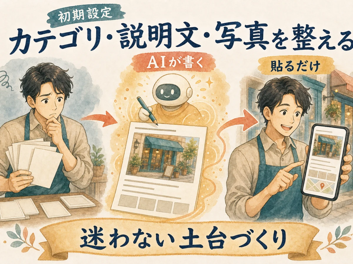 カテゴリ、説明文、写真を整え、AIが用意した文章を店主が貼る初期設定の図解