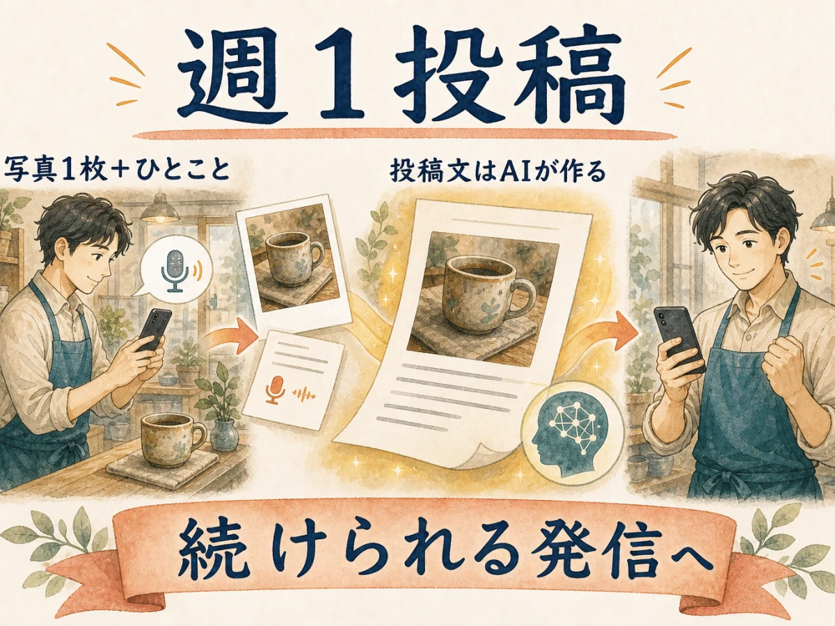 店主の写真1枚とひとことからAIが投稿文を作り、週1回の発信を続ける図解