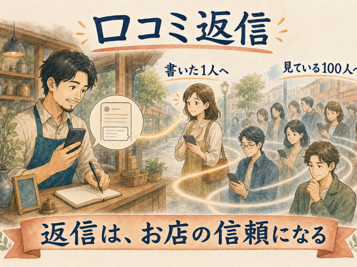 口コミへの返信を、書いた1人と見ている100人へ届け、お店の信頼を積み上げる図解