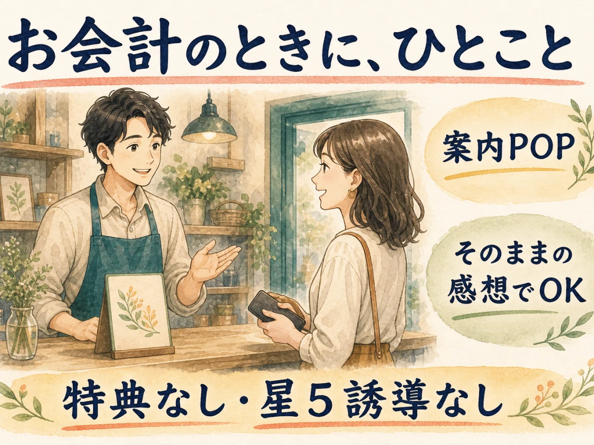 会計時の自然な声かけと案内POPで、特典や星5誘導をせずに口コミをお願いする図解