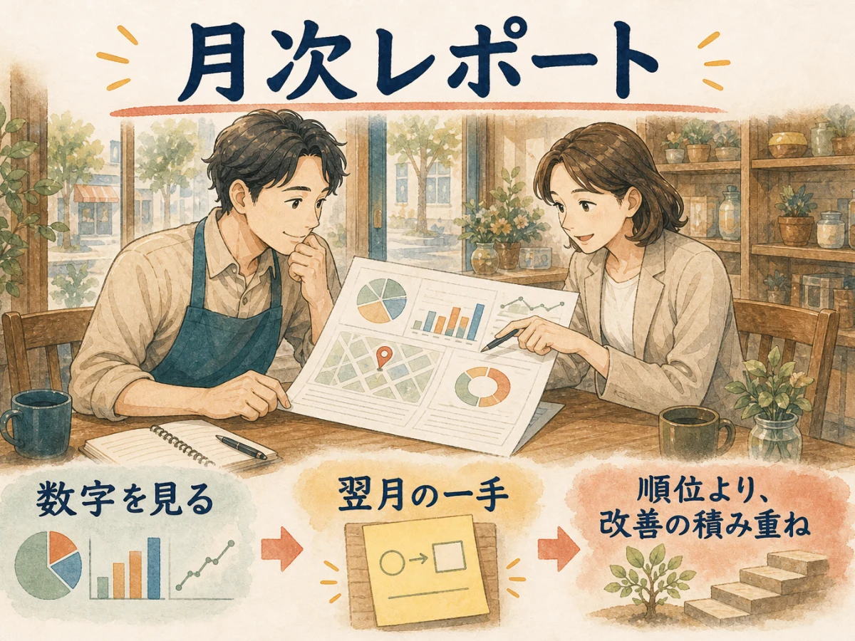 月次レポートで数字を見て、店主と伴走者が翌月の一手を決める図解