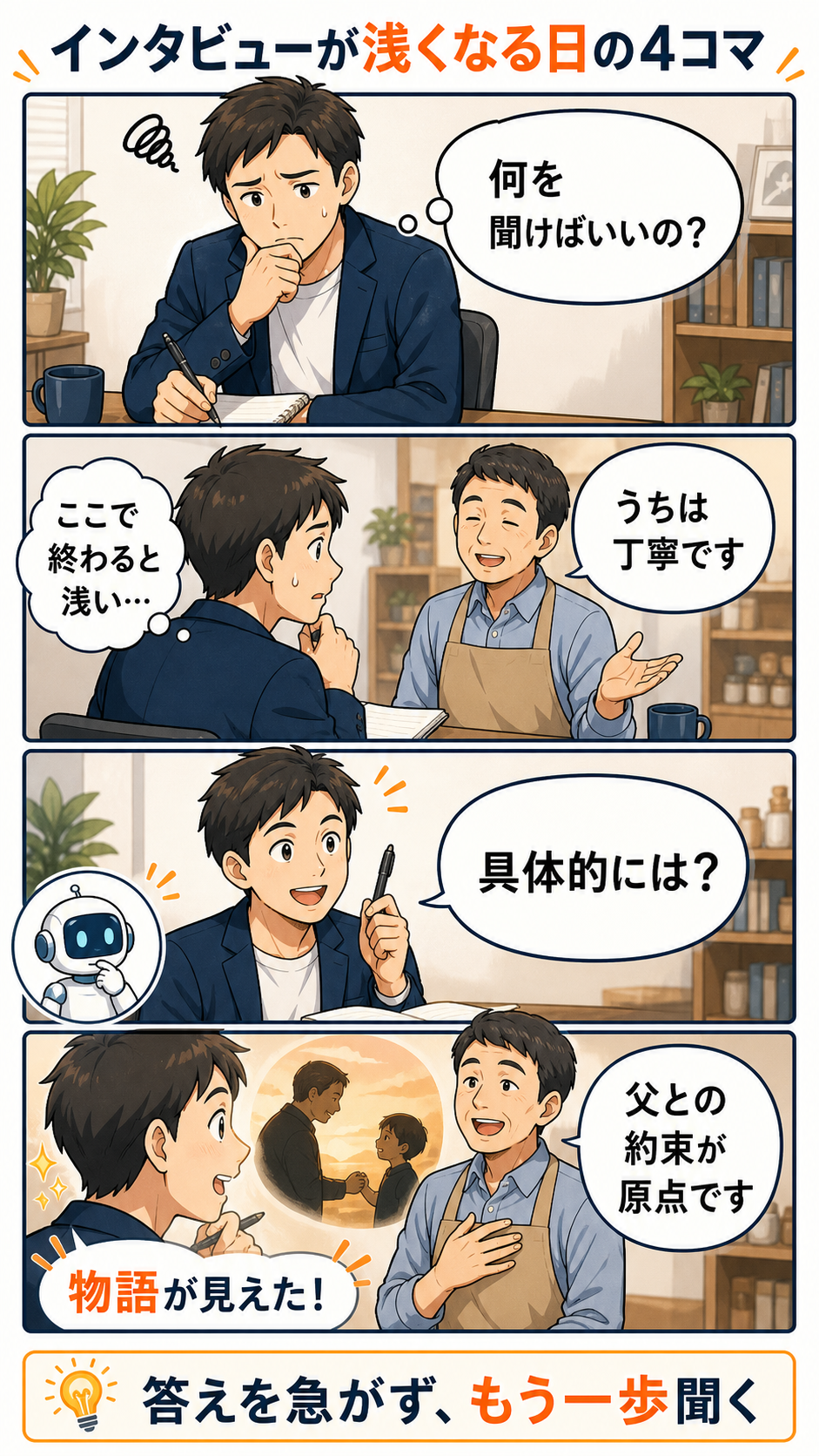 インタビューが浅くなる日に、具体的にはともう一歩聞くことで物語が見える4コマ漫画