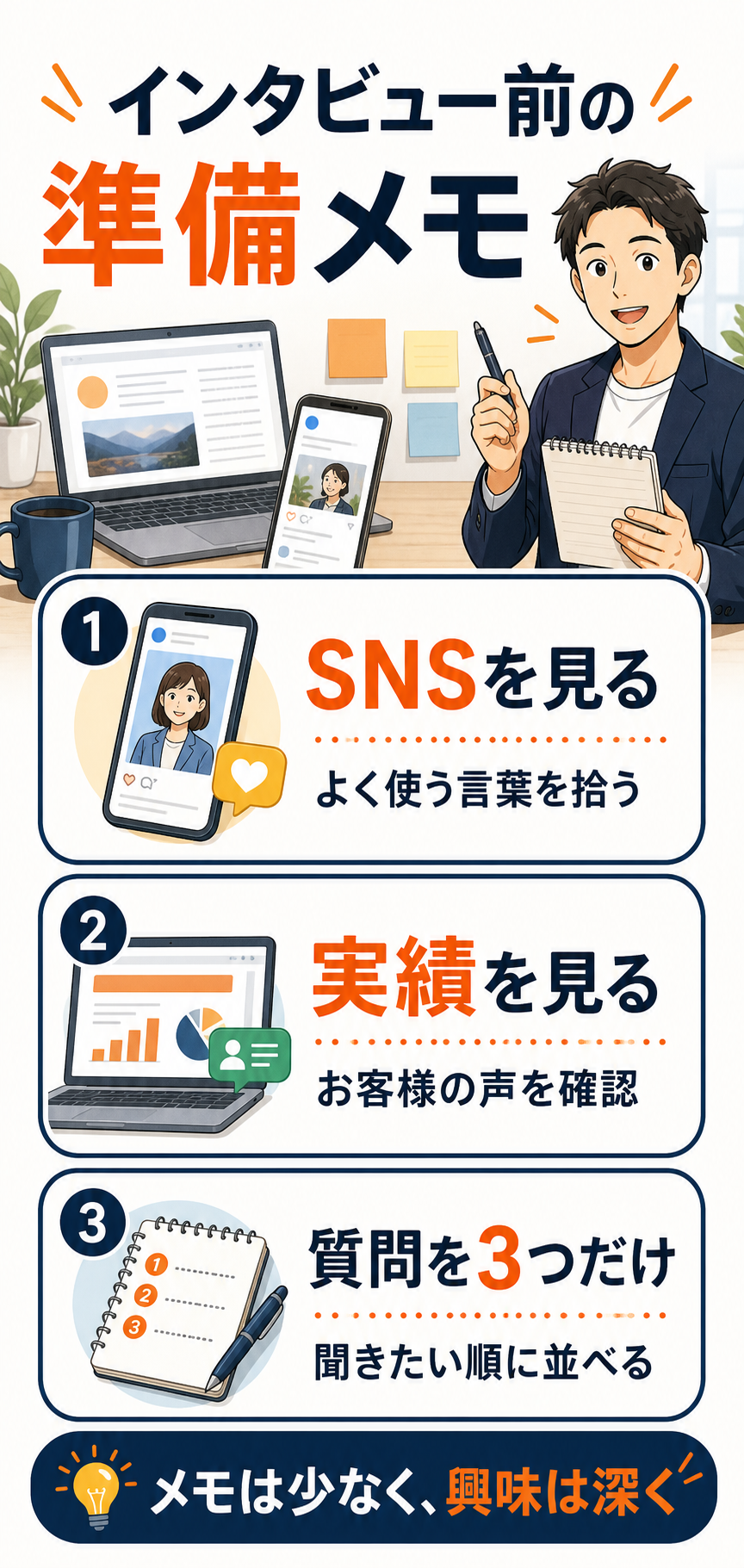 インタビュー前の準備メモ。SNSを見る、実績を見る、質問を3つだけ用意する図解