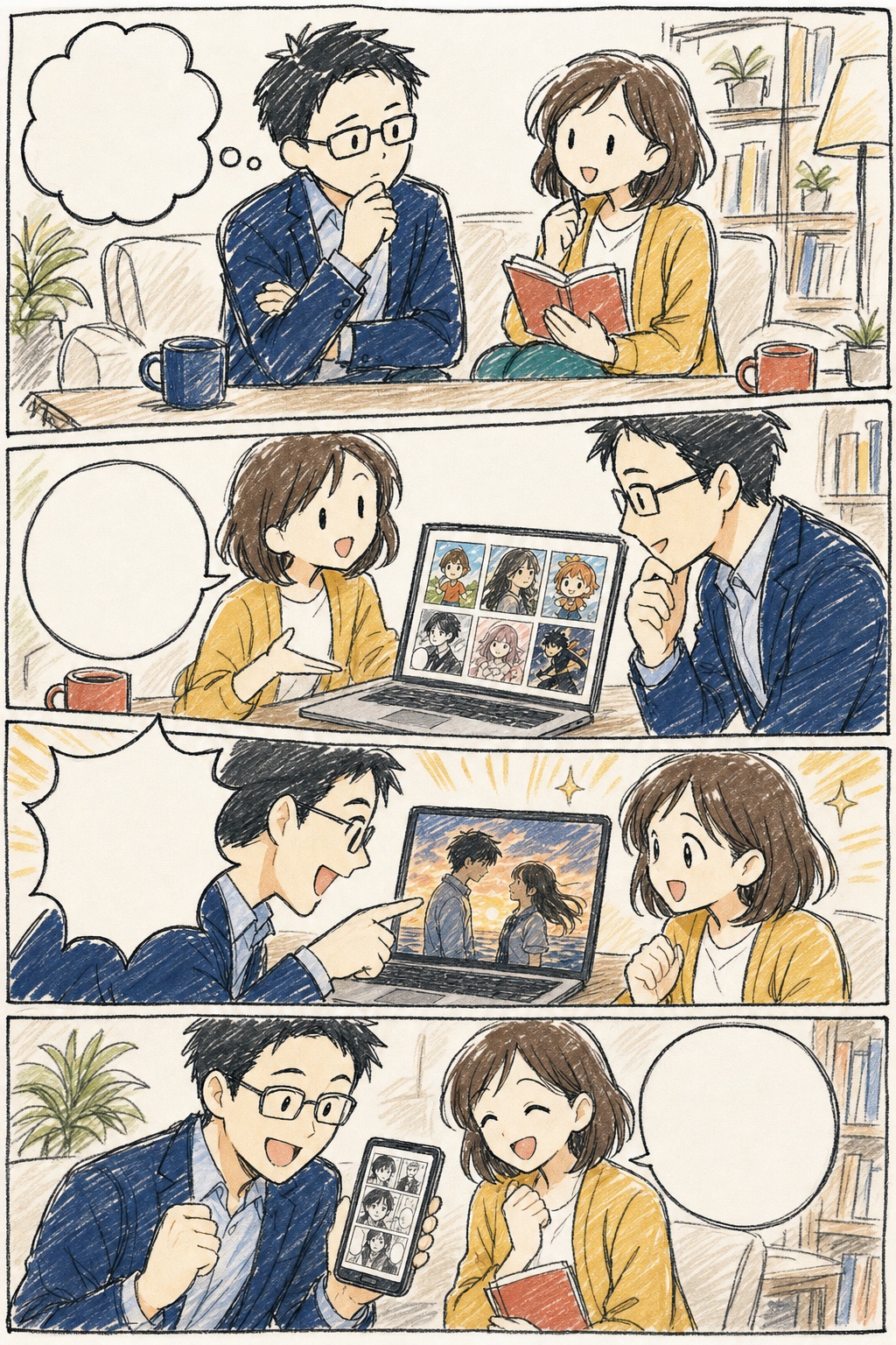 E ホワイトボードスケッチの4コマ漫画見本