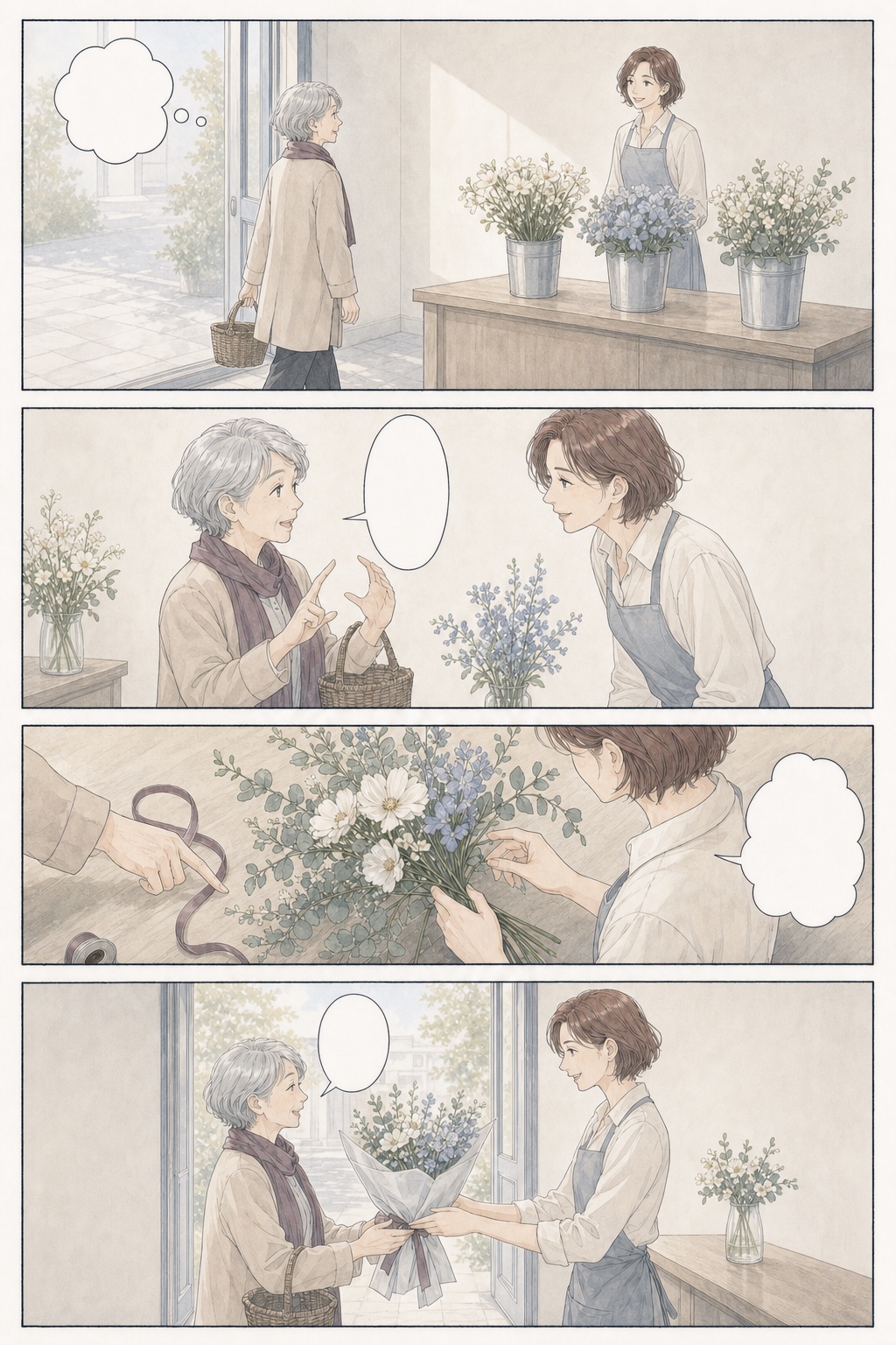 J 女性誌エディトリアル・シャープで描いた、昼の花店で店主と年配の客が花束を作る架空の4コマ見本