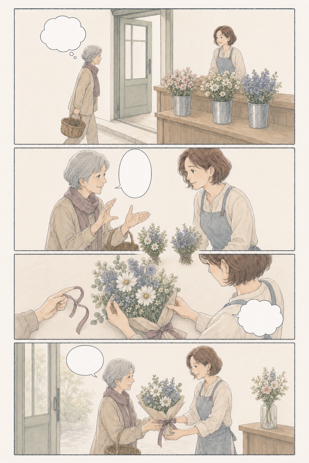 K 女性誌エディトリアル・ウォームで描いた、昼の花店で店主と年配の客が花束を作る架空の4コマ見本