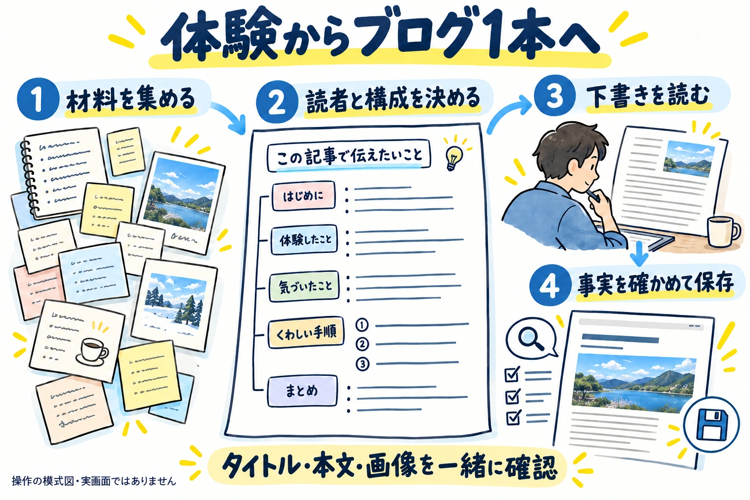 体験メモと写真から、読者と構成を決め、下書きを読み、事実を確認して記事を保存する順序。