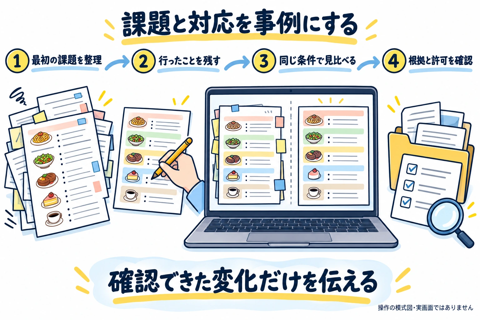 最初の課題と行った対応を整理し、同じ条件で前後を見比べ、根拠と掲載許可を確認する事例づくり。