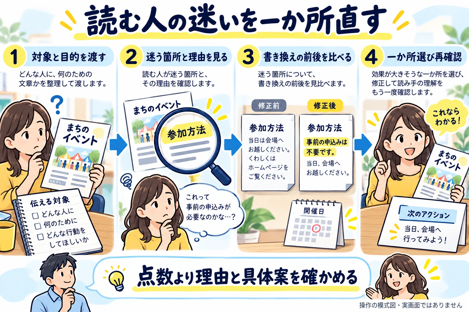 診断対象と読む人の目的を渡し、迷う箇所の理由を確認し、書き換えの前後を比較して一か所を直す。