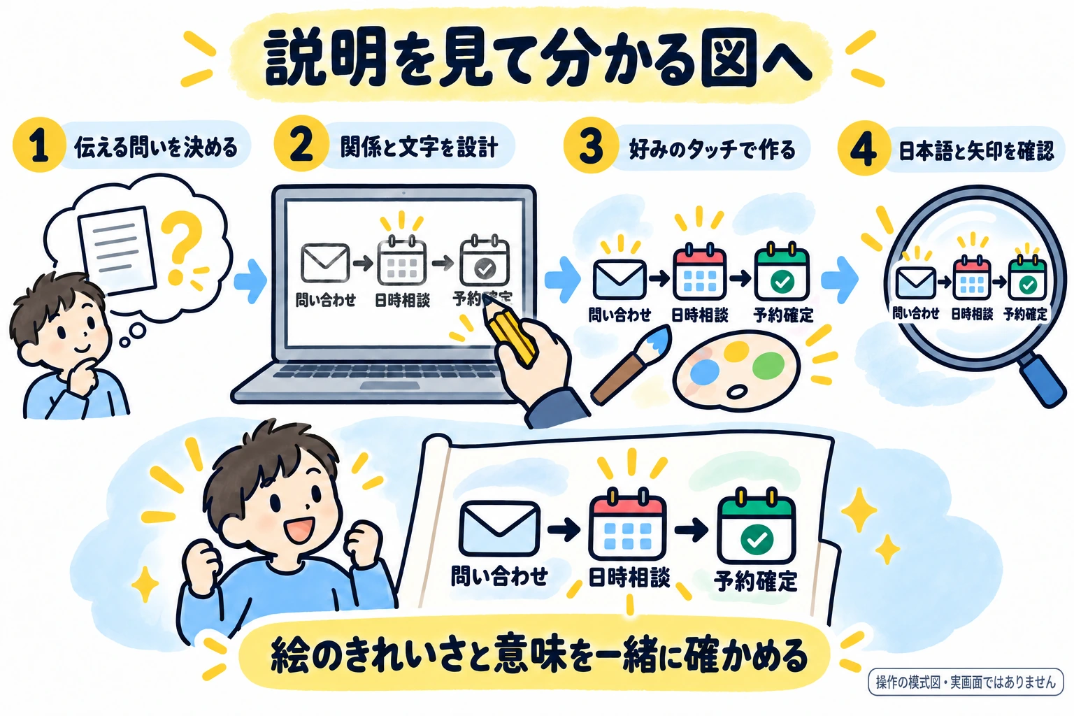説明したい問いから、要素と関係を設計し、選んだタッチで図を作り、日本語と矢印を確認する流れ。