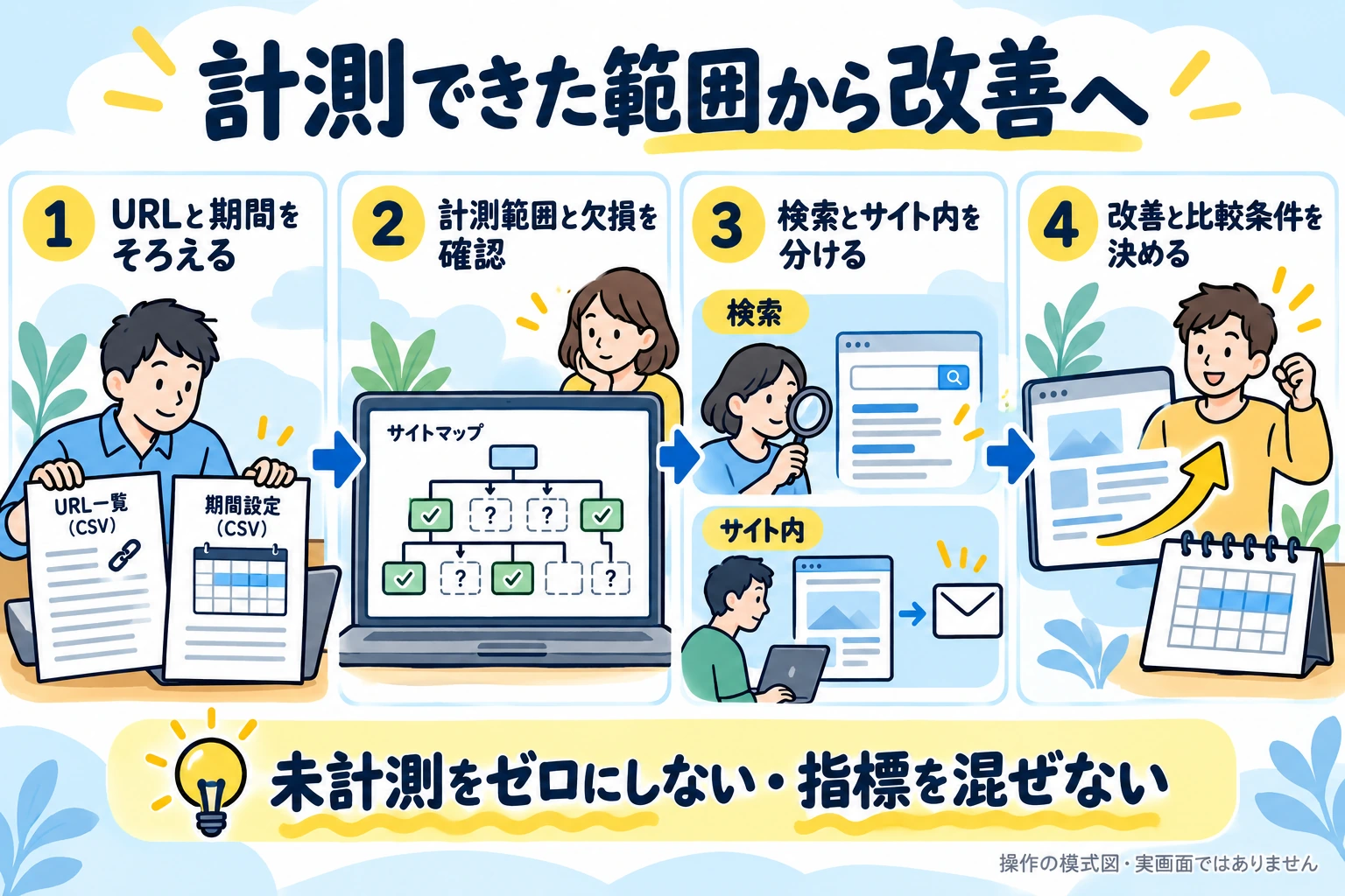 URLと期間をそろえ、計測範囲と欠損を確認し、検索データとサイト内行動を分けて改善と次回比較の条件を決める。