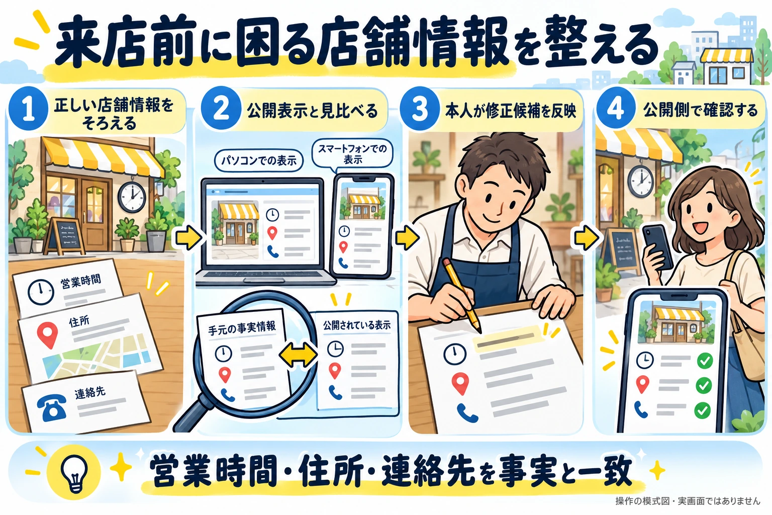 正しい店舗情報をそろえ、Googleマップの公開表示と比べ、管理権限のある本人が修正し、公開側で再確認する。