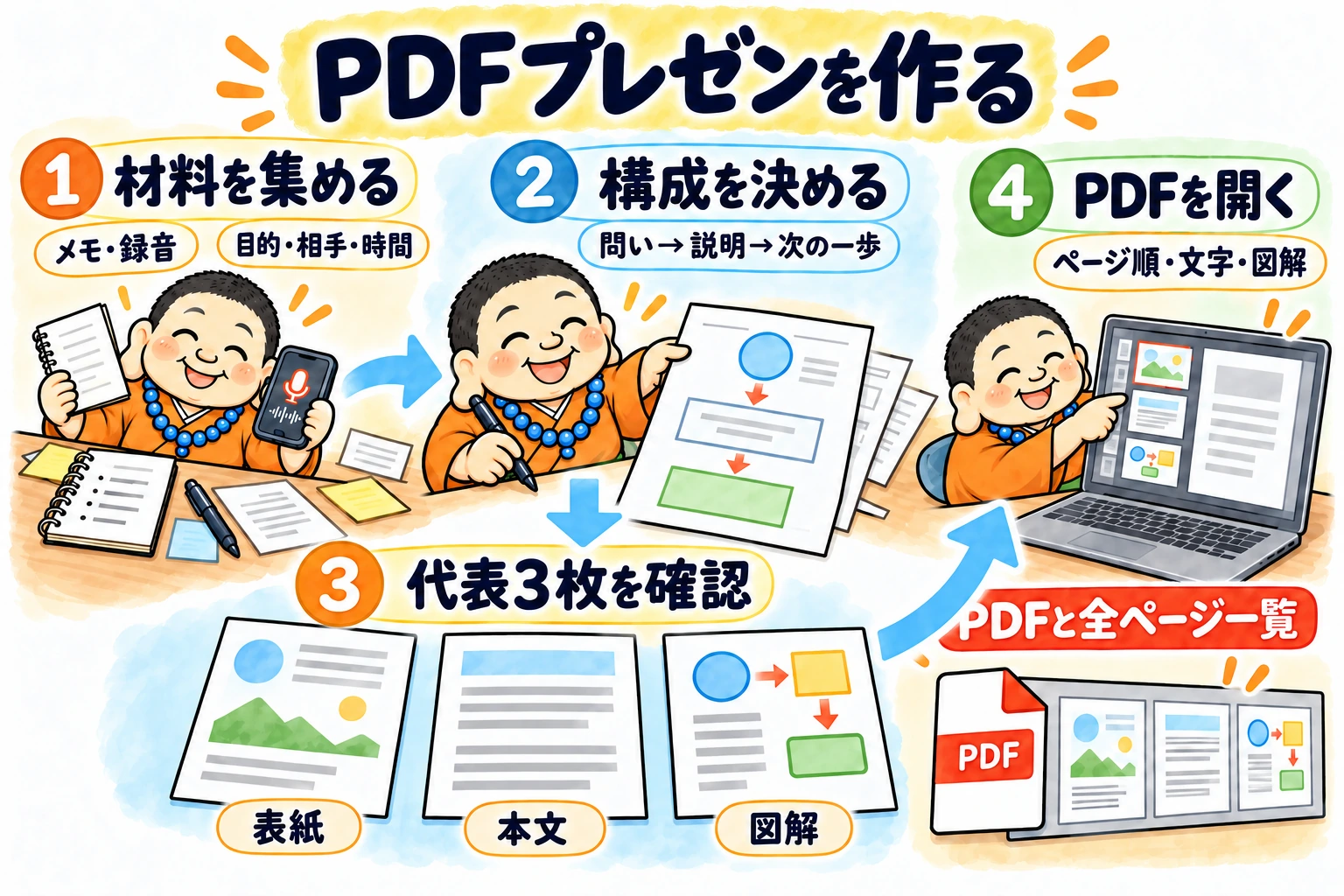 メモと録音を集め、目的・相手・時間から構成を決め、表紙・本文・図解の代表3枚を確認してから、完成PDFと全ページ一覧を照合する。