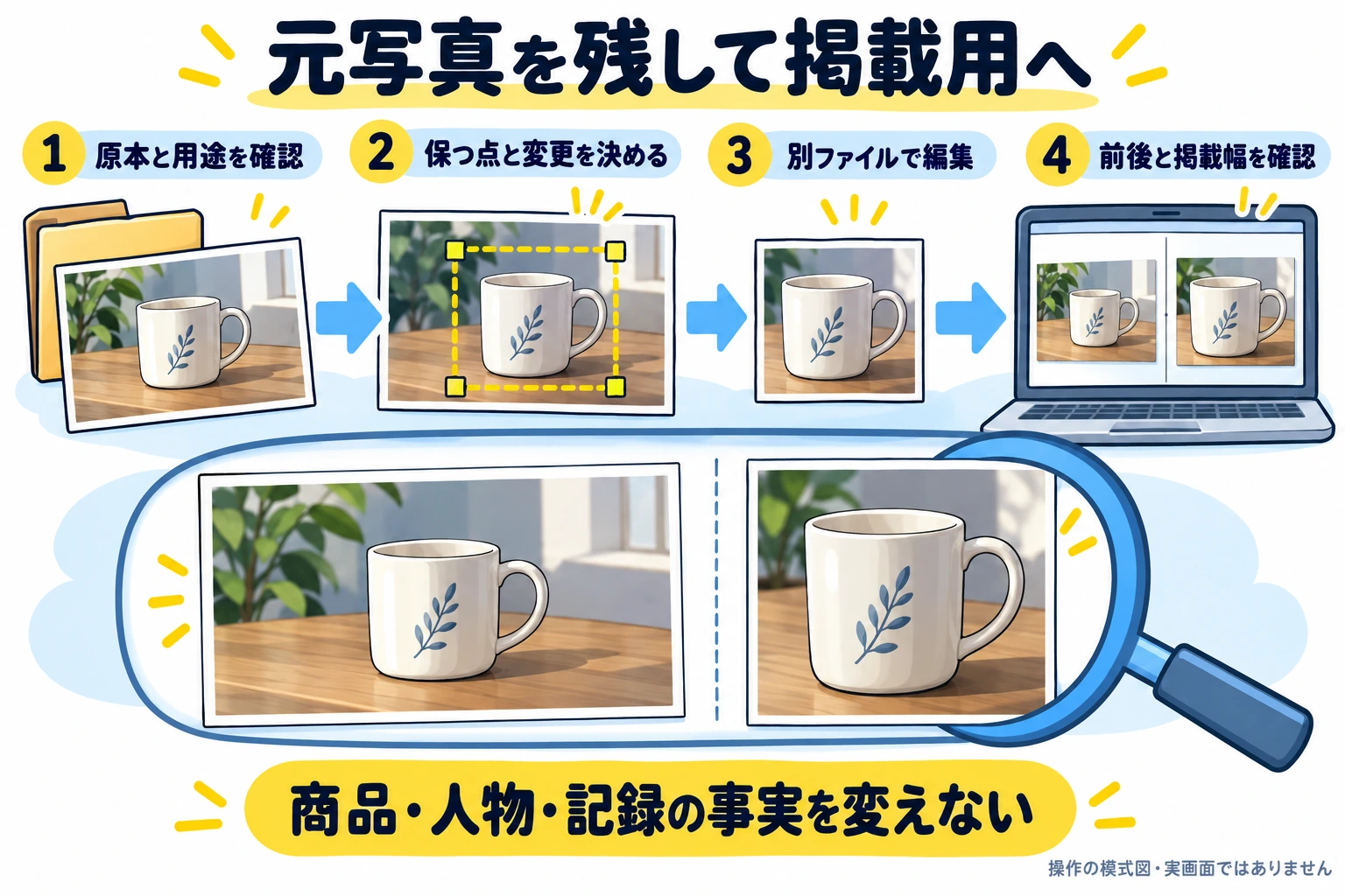 元写真を残し、保つ点と変更範囲を決め、別ファイルで編集して、前後と掲載幅を確認する流れ。