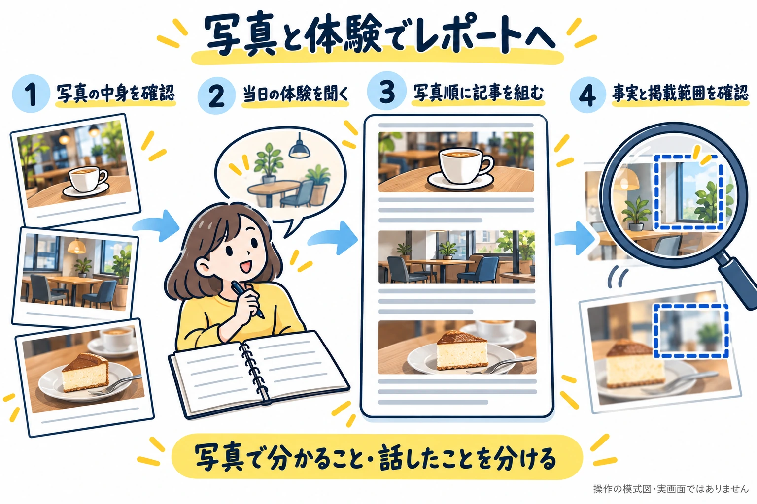 写真を確認し、本人の体験を聞き、写真の順に記事を組み、事実と掲載範囲を確かめる流れ。