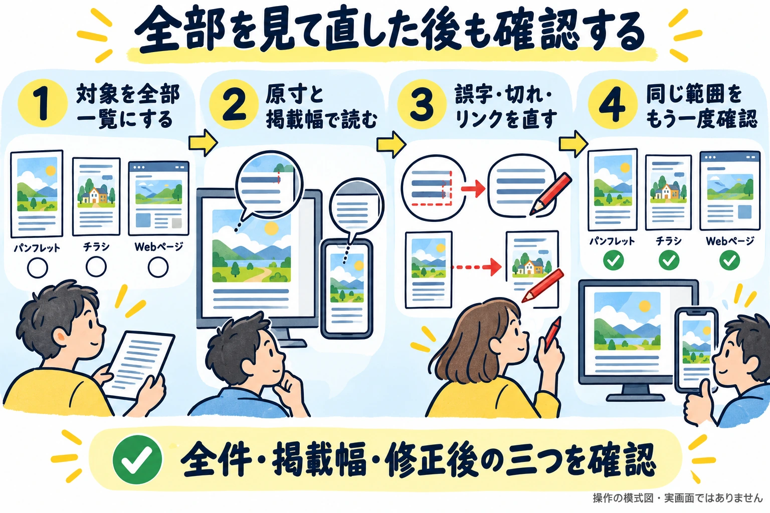 全ページと画像を一覧にし、原寸と掲載幅で読んで誤字・文字切れ・リンクを直し、修正後も同じ範囲を確認する。