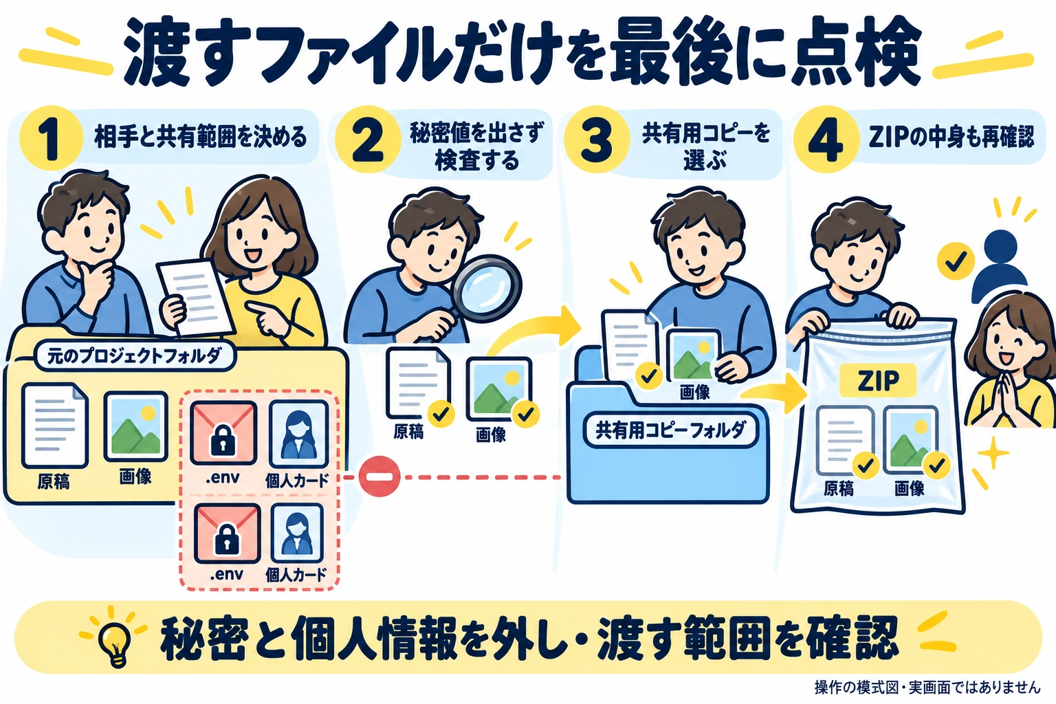 共有相手と範囲を決め、秘密値を表示せず検査し、原稿と画像だけの共有用コピーを選び、ZIPの中身も再確認する。