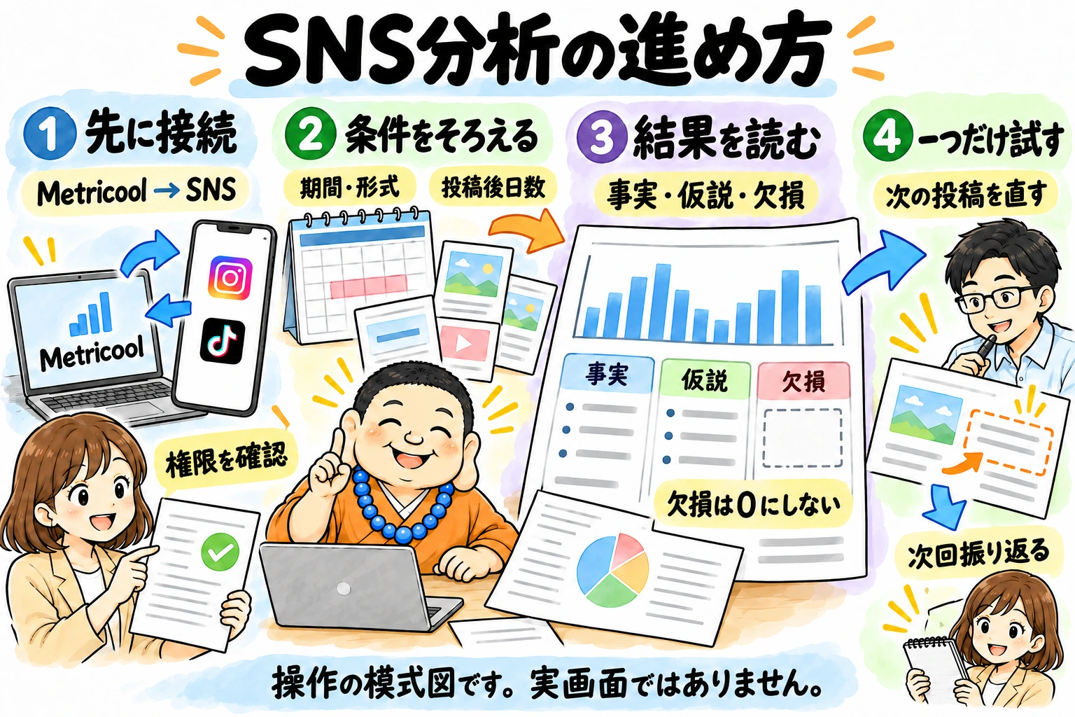 SNS分析の4段階。先に接続し、期間・形式・投稿後日数をそろえ、事実・仮説・欠損を読み分け、次の投稿で一つだけ試します。