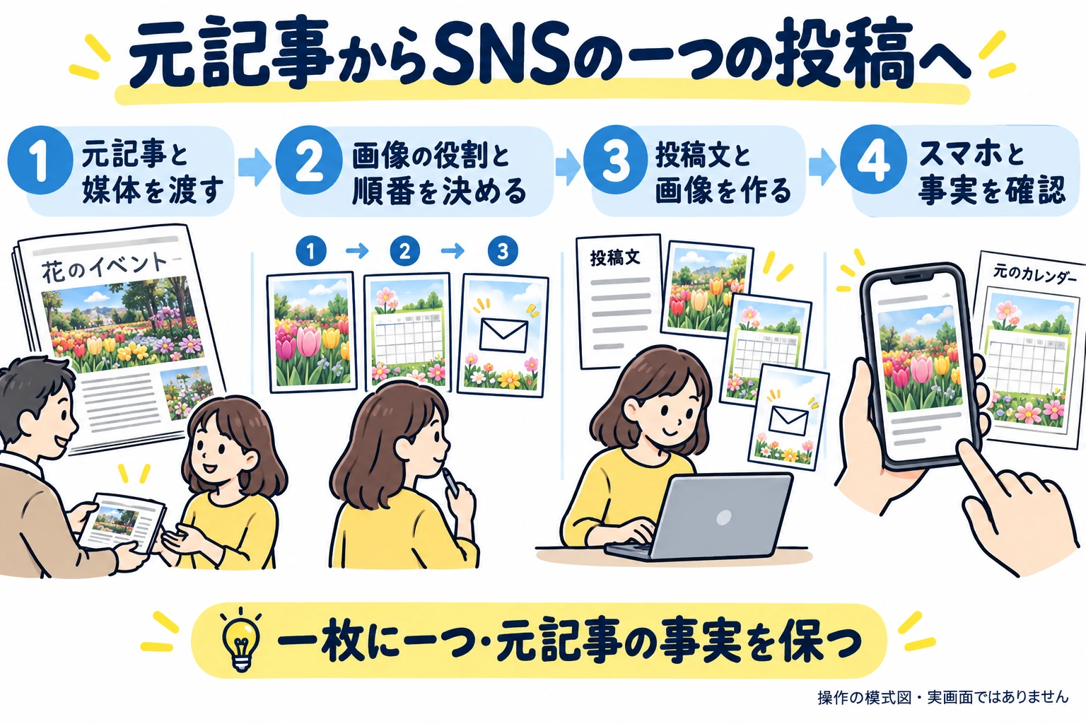 元記事と媒体を渡し、画像ごとの役割と順番を決め、投稿文と画像を作り、スマホの掲載幅と元記事の事実を確認する。