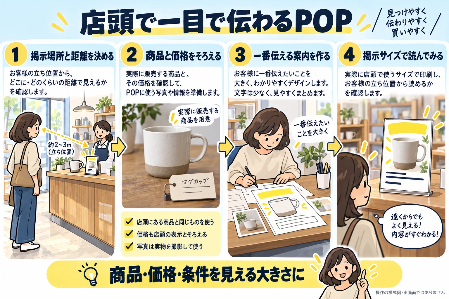 掲示場所と見る距離を決め、商品と価格をそろえ、店頭POPを作り、実際の掲示サイズで読めるか確認する。